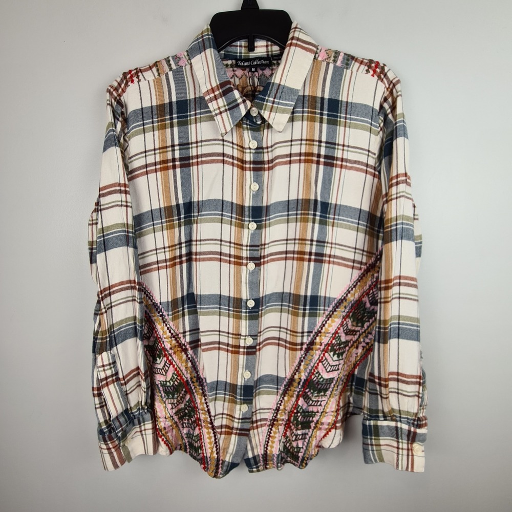 Tolani Collection Womens Plaid Embroidered Button Down Shirt Multicolor Medium